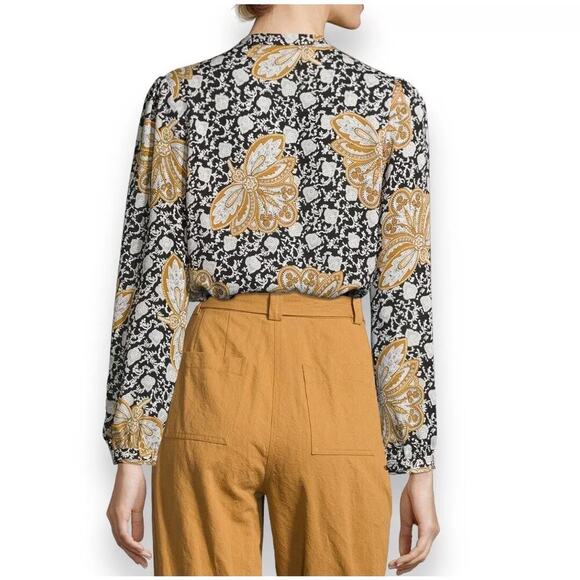 A.L.C. Women's Floral Lox Silk Top Black Gold Keyhole/V Neck Long Sleeve Peplum - Picture 2 of 13